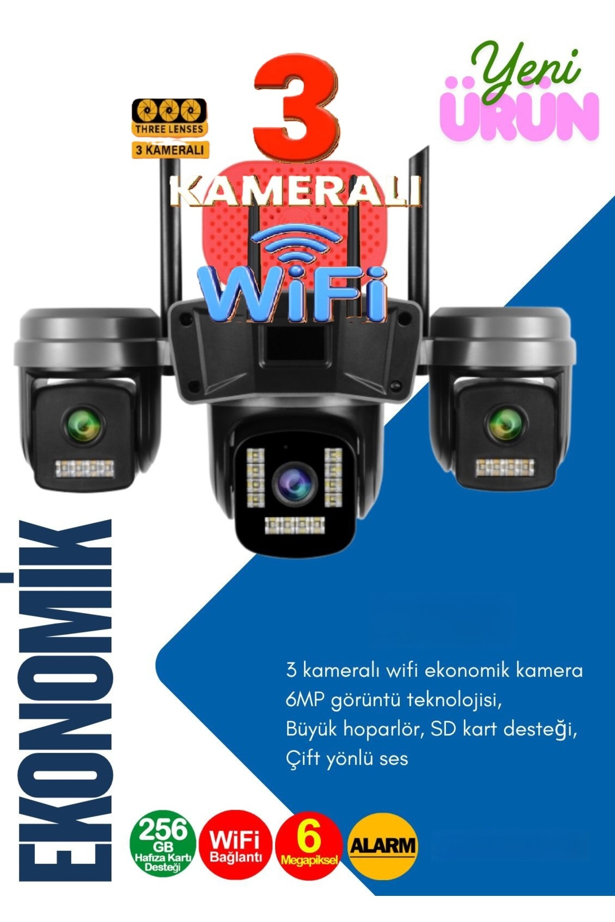 TRCharger 3 Kameralı 5 Görüntü WiFi Güvenlik Kamerası Hareket Algılama Gece Görüş Sesli Konuşma Türkçe AV-S308