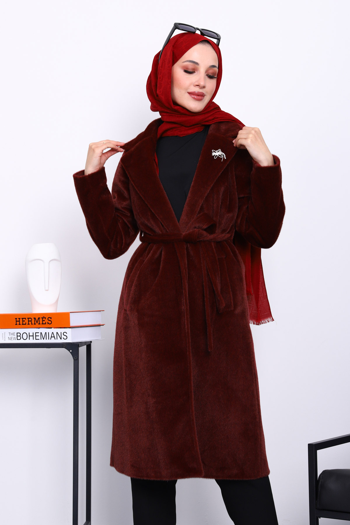 İmajButik Bordo Kruvaze Yaka Cepli Angora Kaşe Kaban