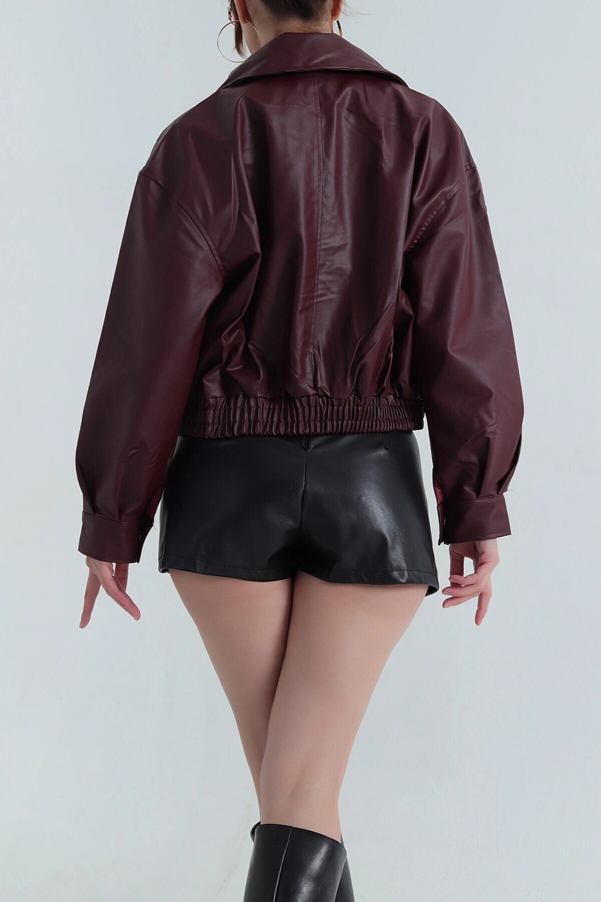 moda armanc  Kadın Deri Bomber Ceket - Yeni Sezon Oversize Crop Suni Deri Mont (Siyah / Kahverengi / Bordo) - Görsel 4