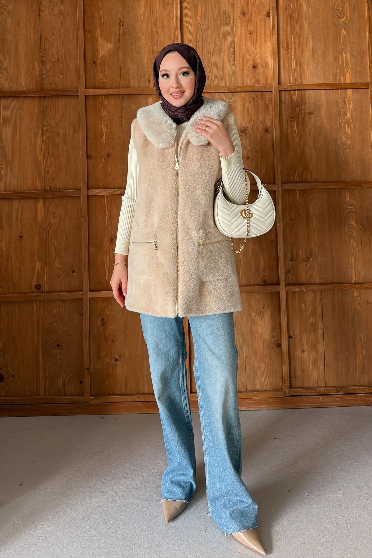 Rimel Moda İtalian Yakalı Angora Yelek Bej