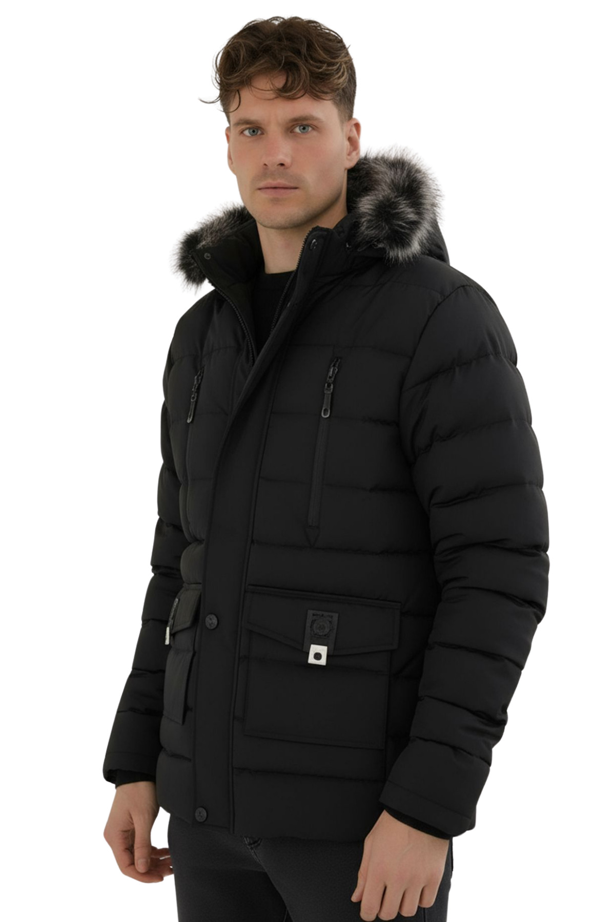 Erkek Siyah Erkek Outdoor Su Geçirmez Kapüşonlu Kışlık Kaban – Rüzgar ve Yağmura Dayanıklı Mont & Kaban görsel 3