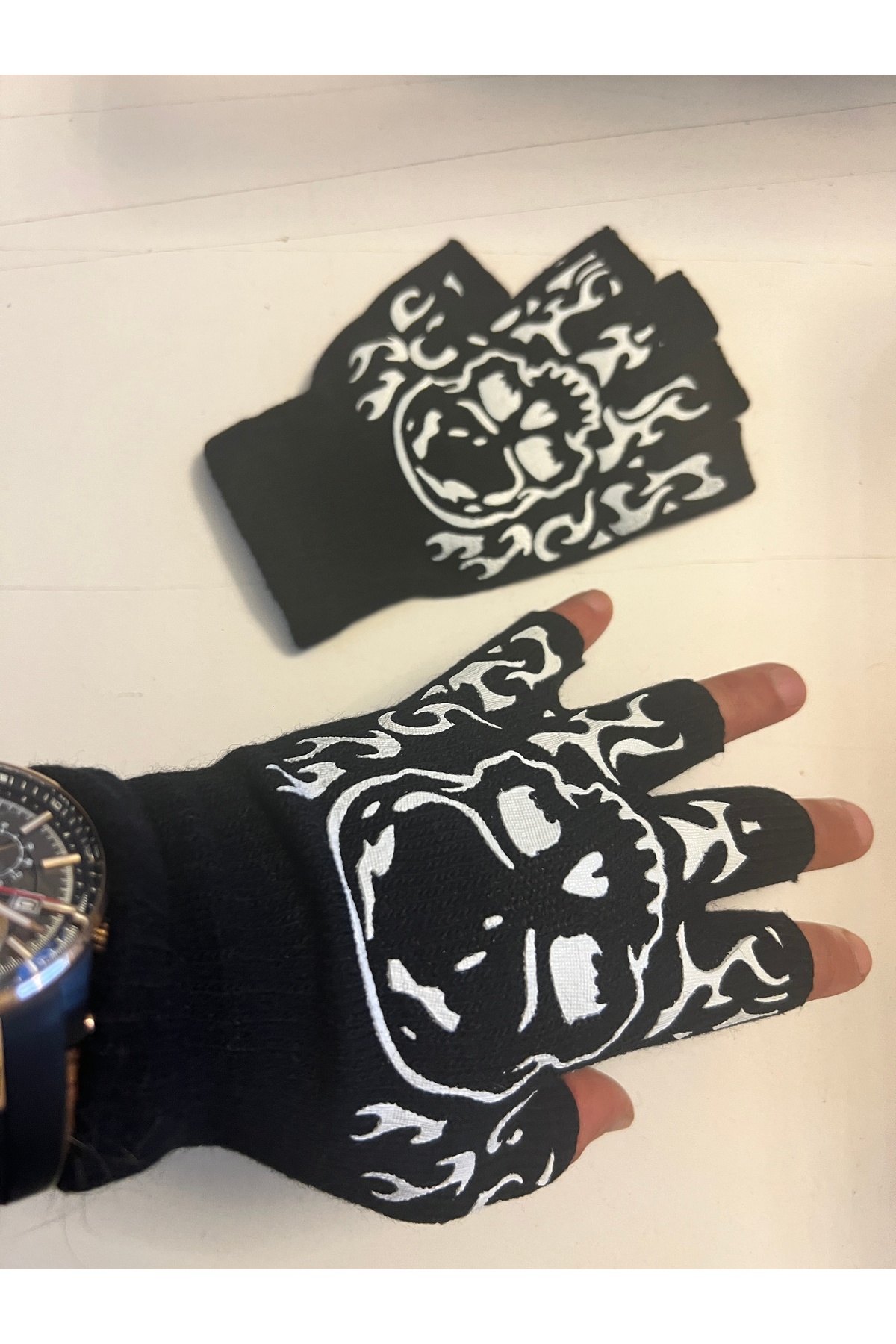 Airbrush Tattoo İskelet Kuru Kafa Parmaksız Kesik Yarım Parmak Eldiven Model3