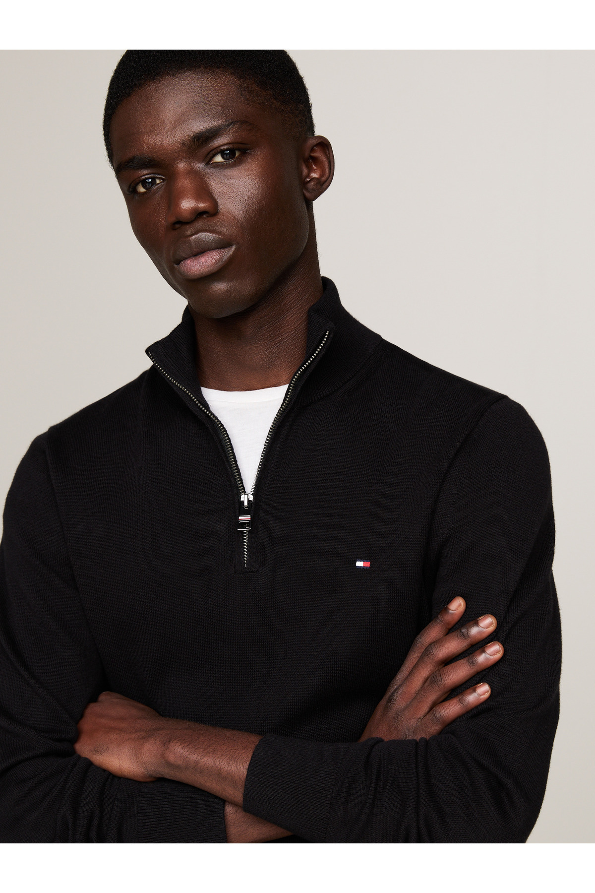 تامی هیلفیگر مدل ژاکت بافتنی مردانه مشکی طرح کشمیر زیپ دار PIMA ORG CTN - MW0MW28049