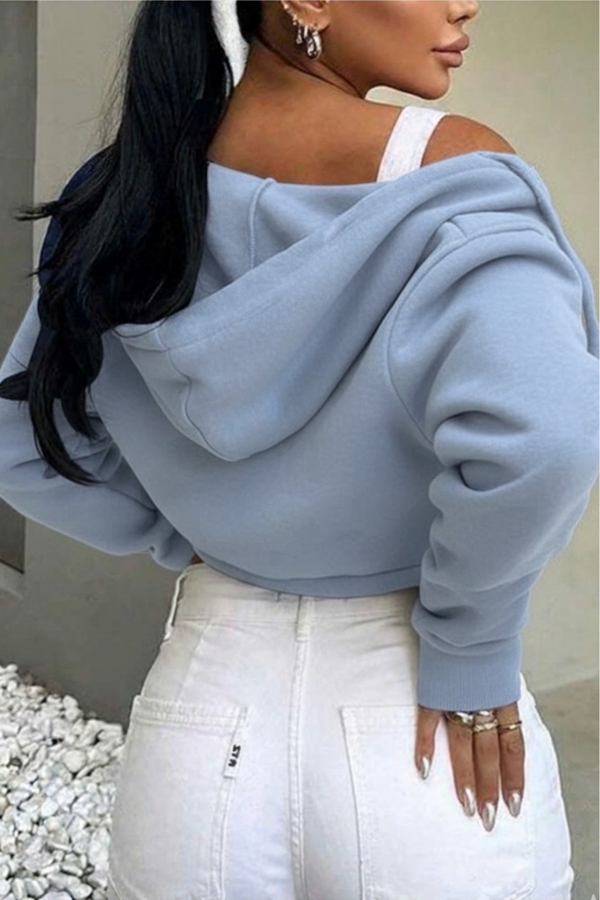 BYMEER  Mavi Fermuarlı Crop Sweatshirt Hırka - Görsel 2