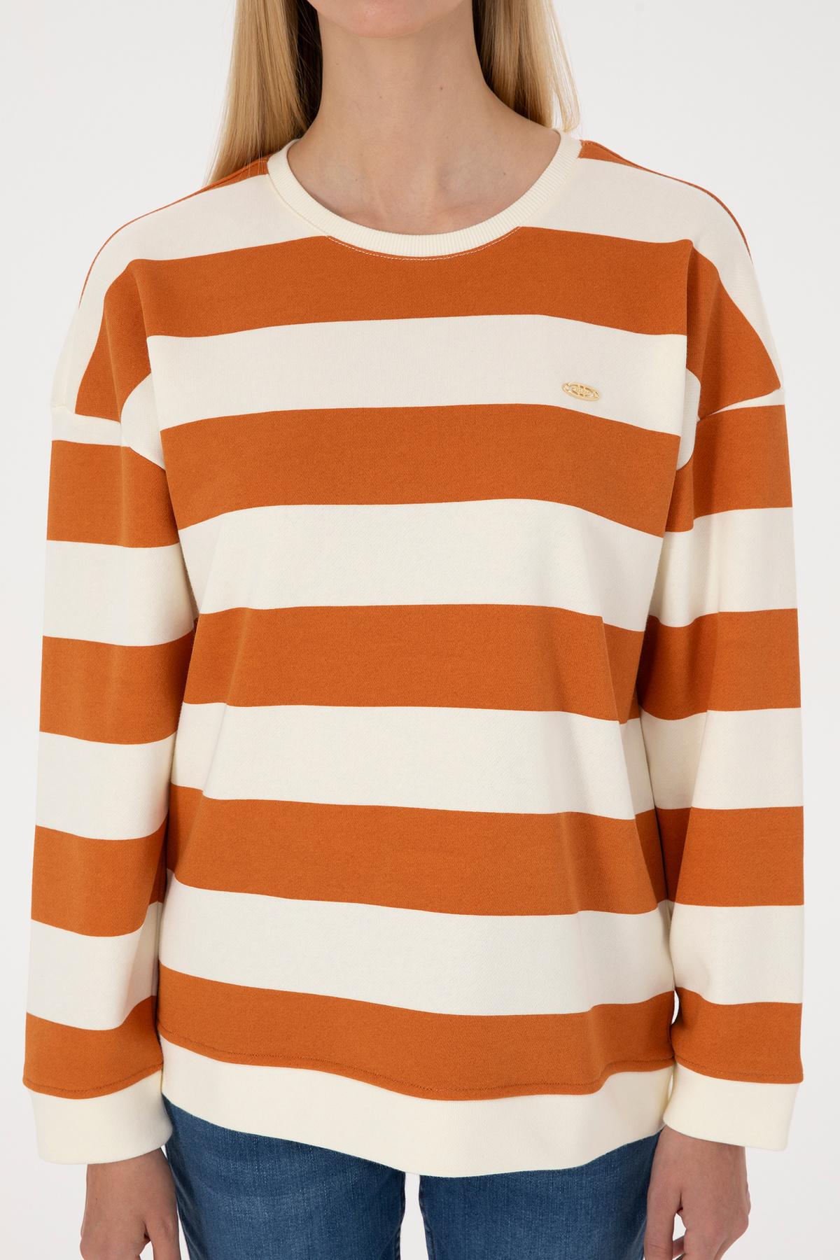 U.S. Polo Assn.  Kadın Bakır Çizgili Bisiklet Yaka Sweatshirt 50313563-VR182 - Görsel 6