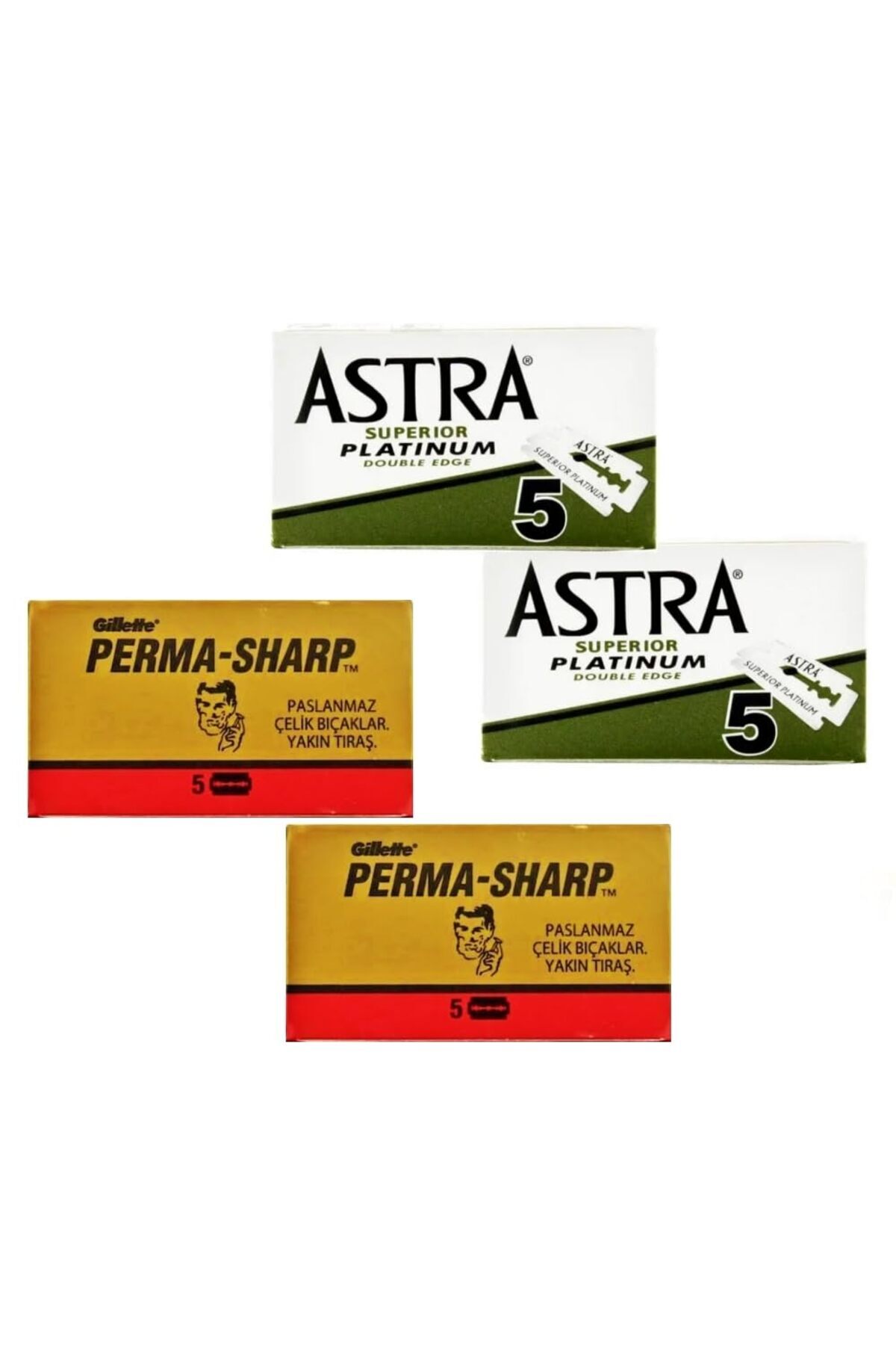 Hepta Collection 2 Adet 5'li Kutu Astra ve 2 Adet 5'li Kutu Permasharp Çift Taraflı Tıraş Bıçağı, Toplam 20 Adet Y...