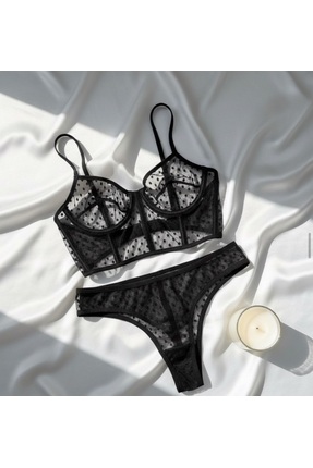 Solé Lingerie Puantiye Desenli Siyah Korse-Bralet Takımı