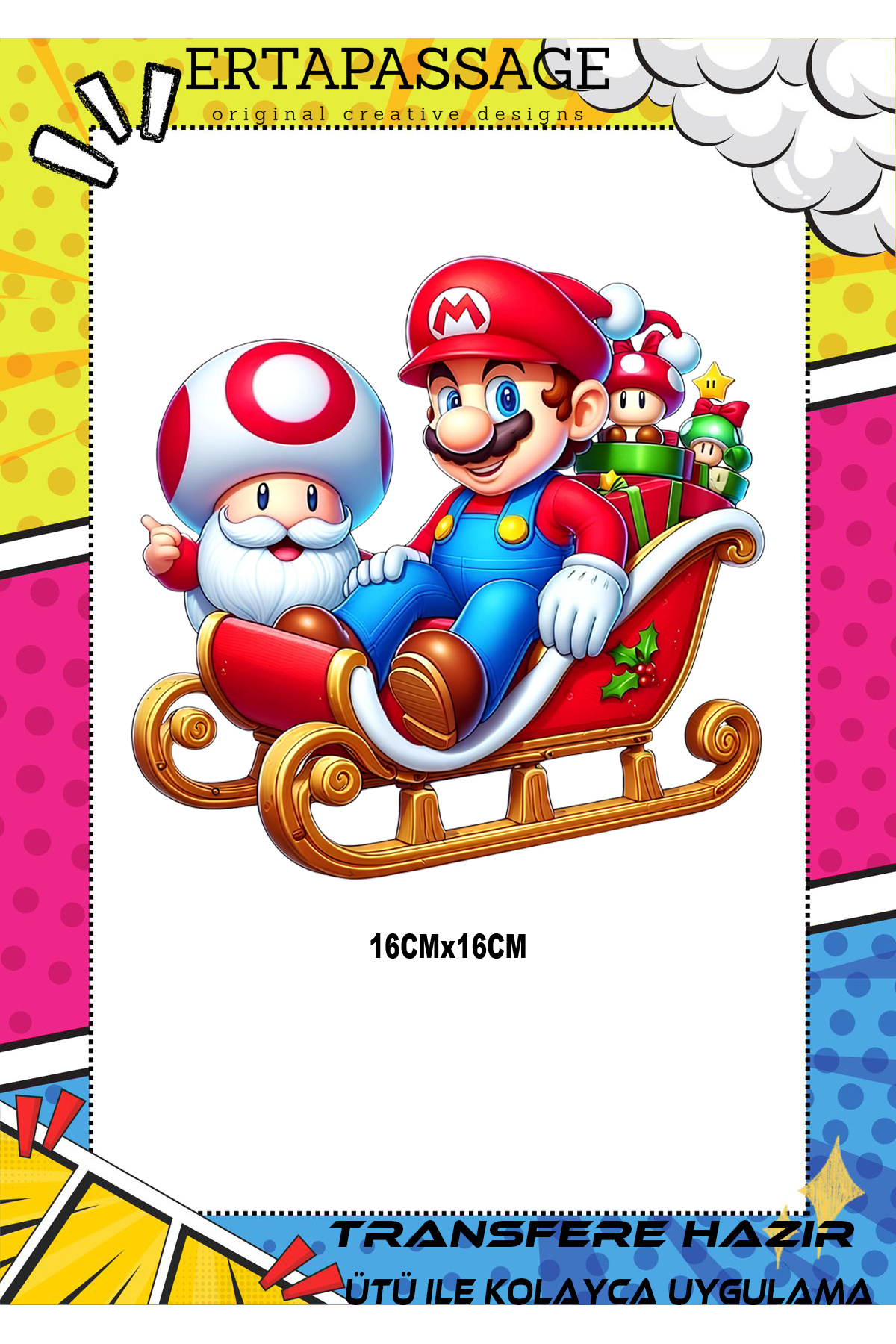 ErTaPassage Mario Yılbaşı Noel Transfer Baskı – Ütüyle Yapışan – Tişört İçin Kolay Uygulama