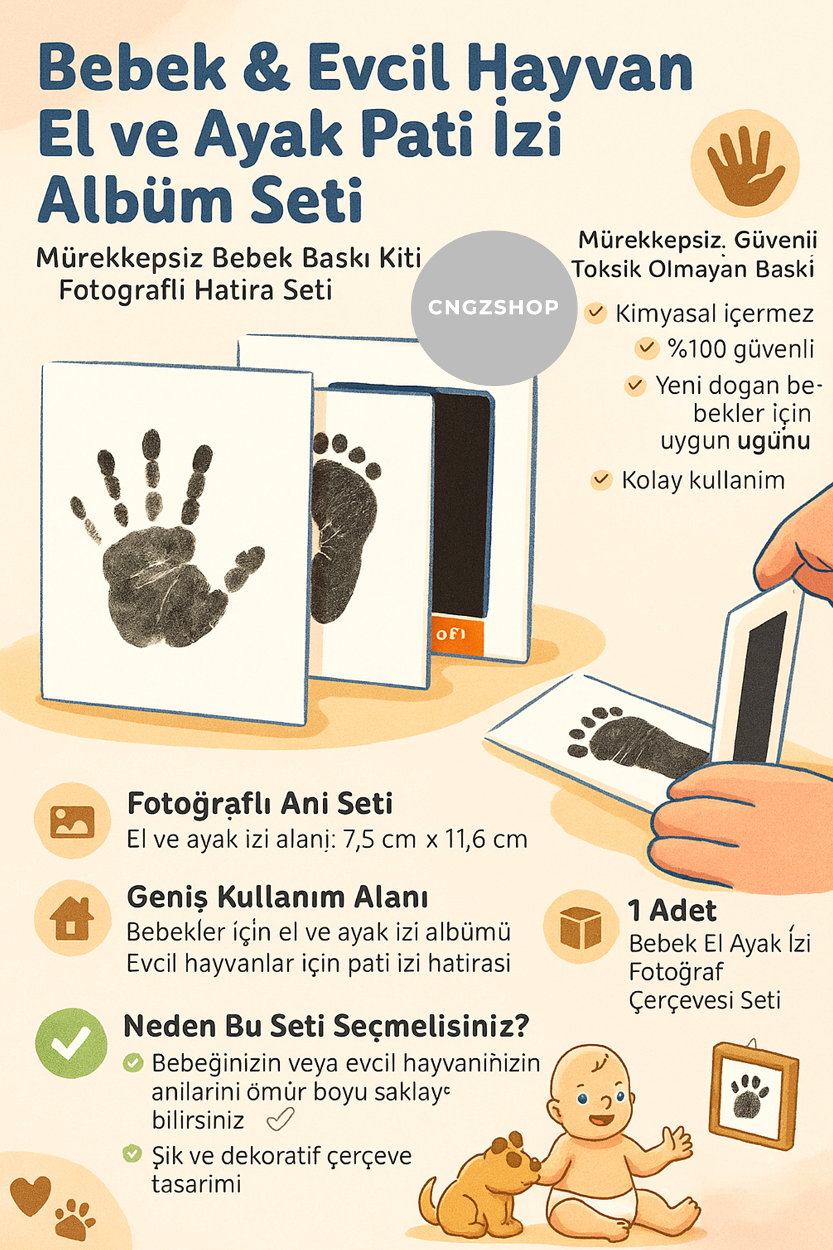 CNGZSHOP Bebek & Evcil Hayvan El ve Ayak Pati İzi Anı Albüm Seti | Mürekkepsiz Bebek Baskı Kiti | Fotoğraf Çe fotoğrafı 3 (önizleme)