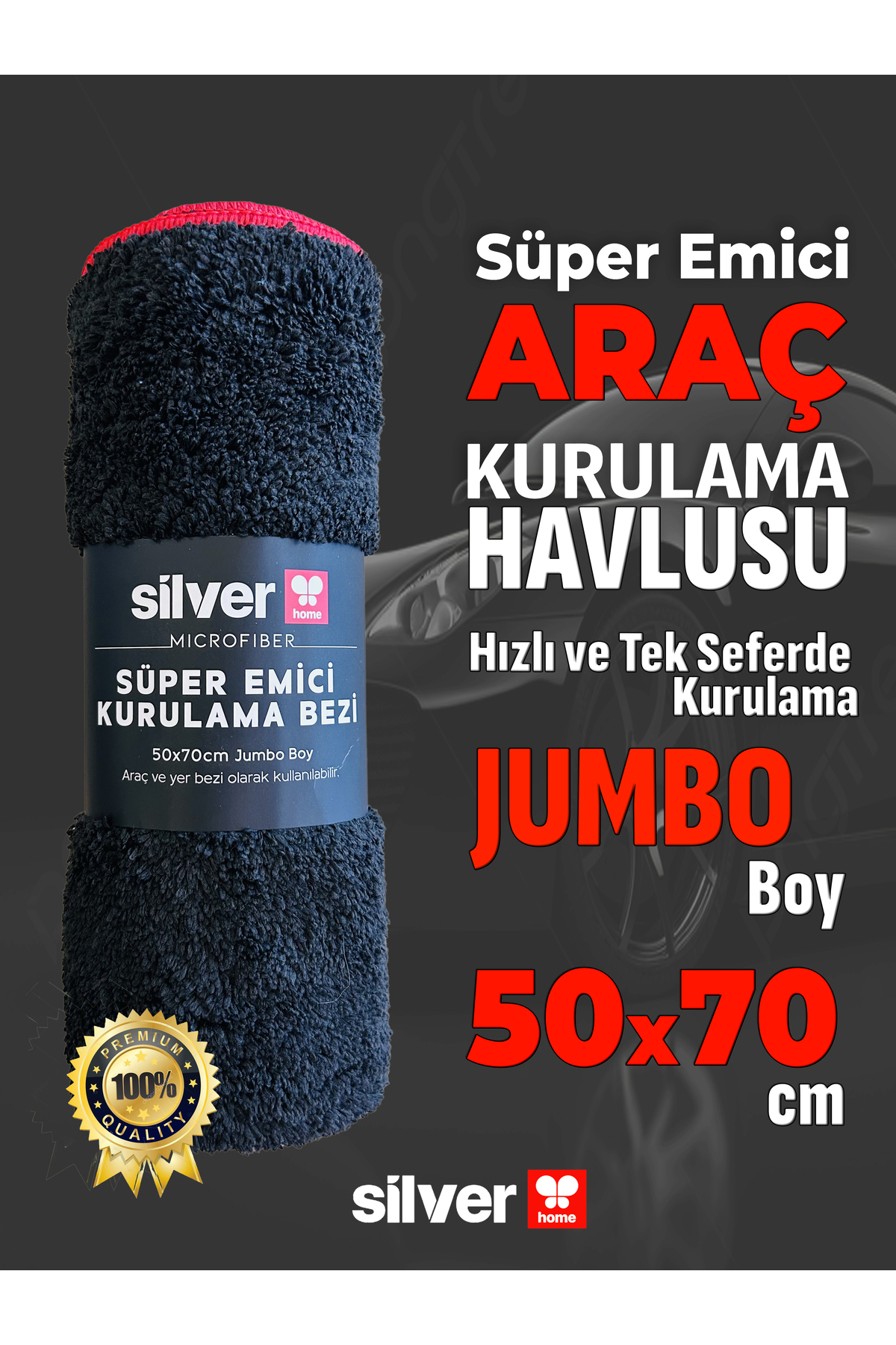 SİLVER HOME Mikrofiber Siyah Süper Emici Jumbo Boy Oto Araç