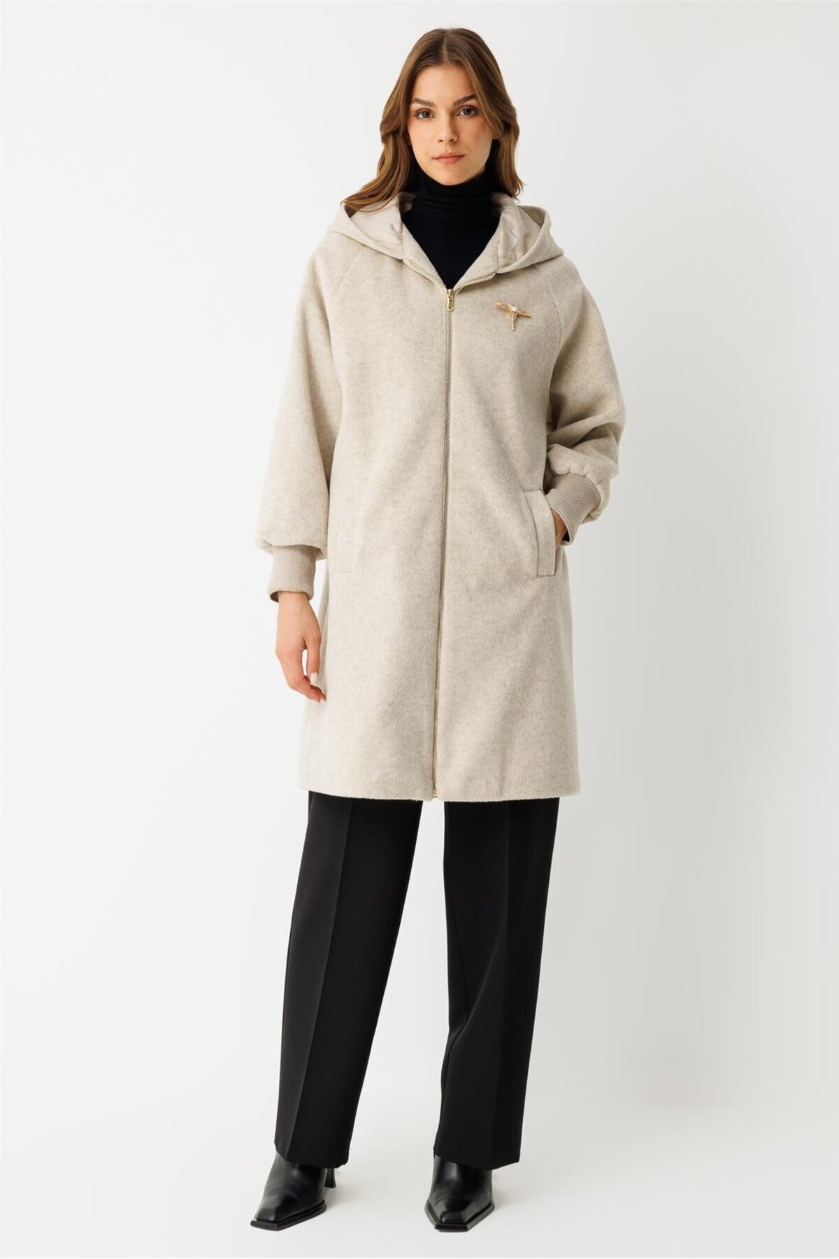 Esswaap Fermuar Kapamalı Kapişonlu Kaban Taş