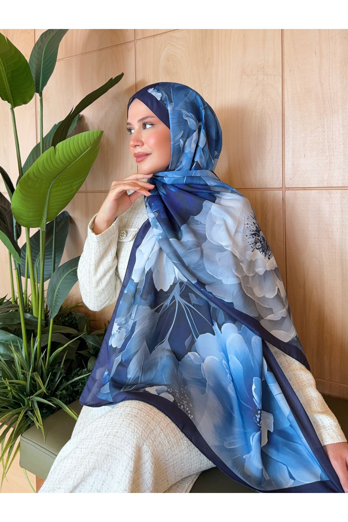 Mira İpek  Desenli Pamuk Soft Şal Soon Serisi Lacivert Mavi ps154 - Görsel 5