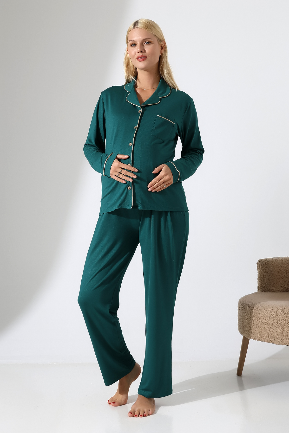 LadyMina Pijama Hamile Lausa Uzun kollu Beli Ayarlanabilir Pijama Takım