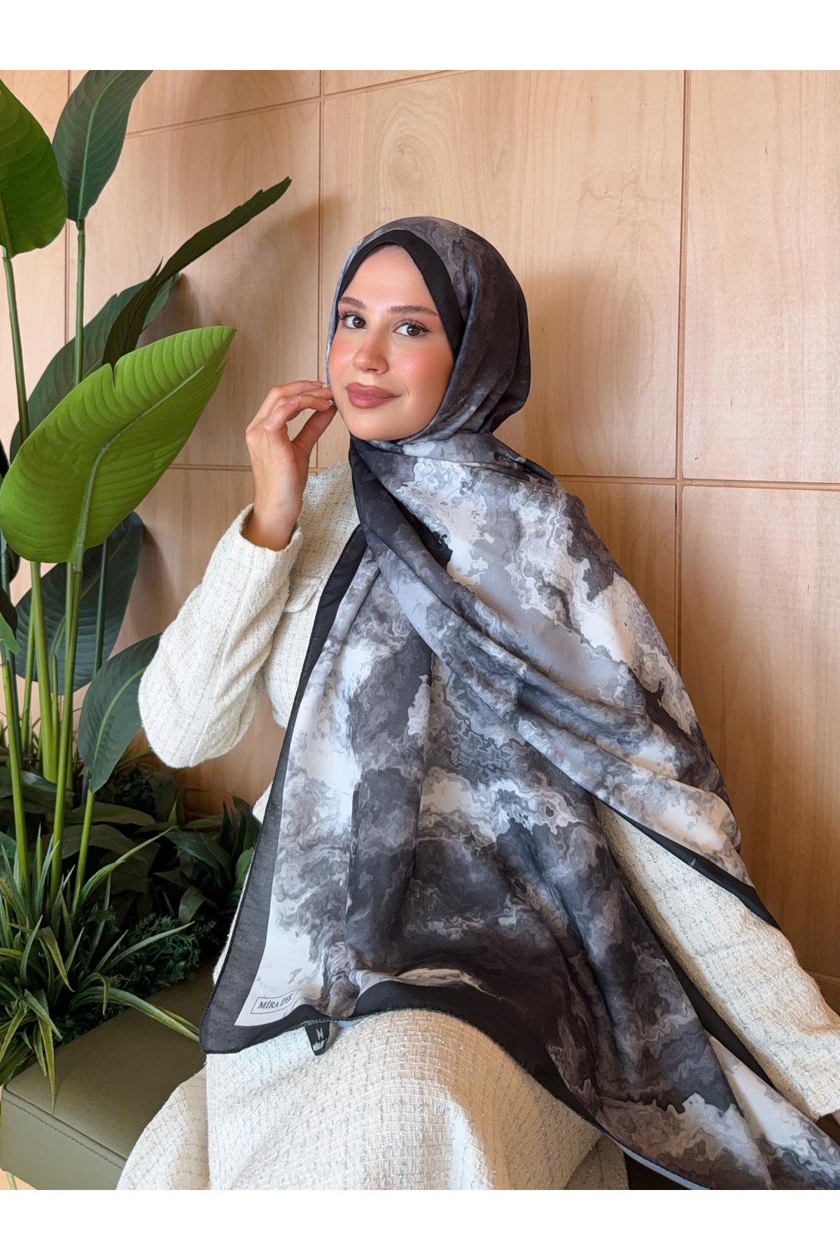 Mira İpek  Desenli Pamuk Soft Şal Vera Serisi Siyah Beyaz ps151 - Görsel 6