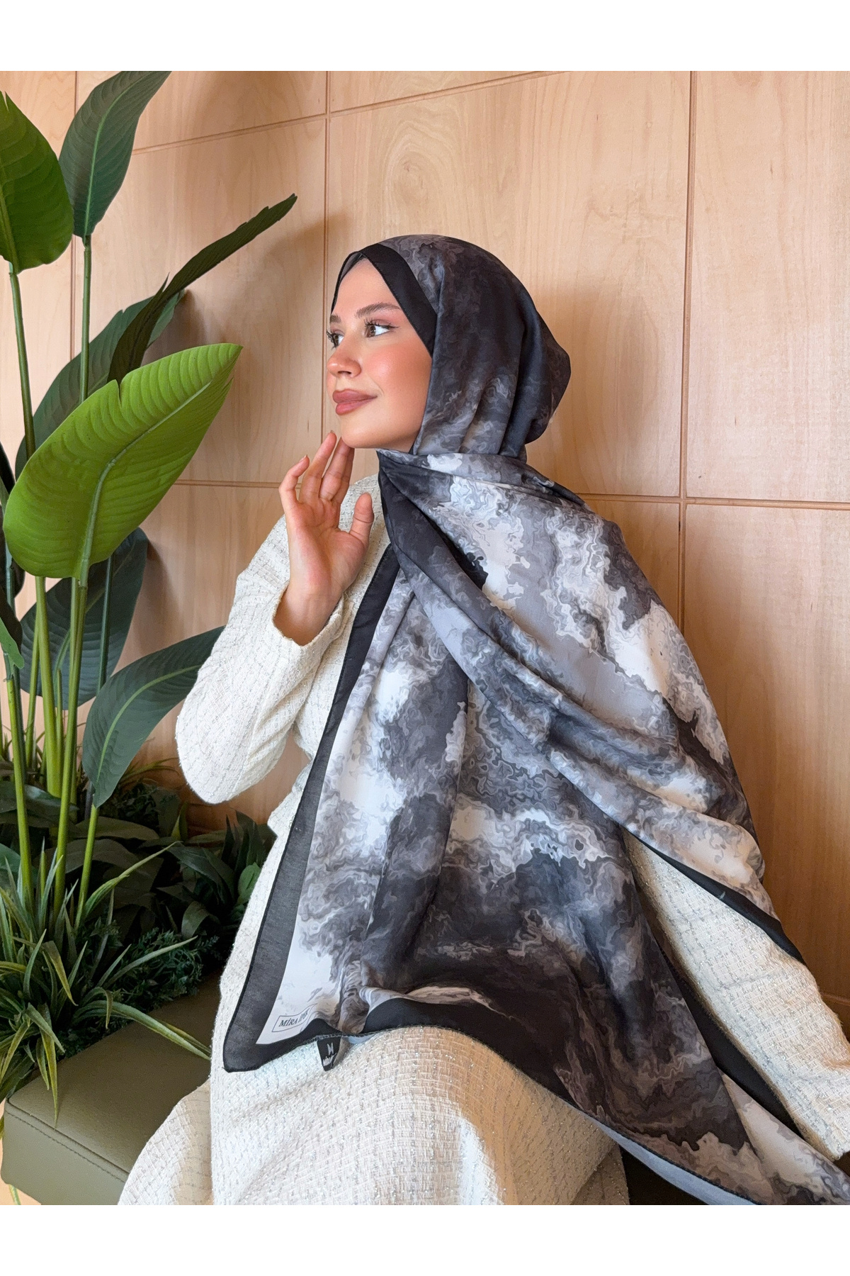 Mira İpek  Desenli Pamuk Soft Şal Vera Serisi Siyah Beyaz ps151 - Görsel 5