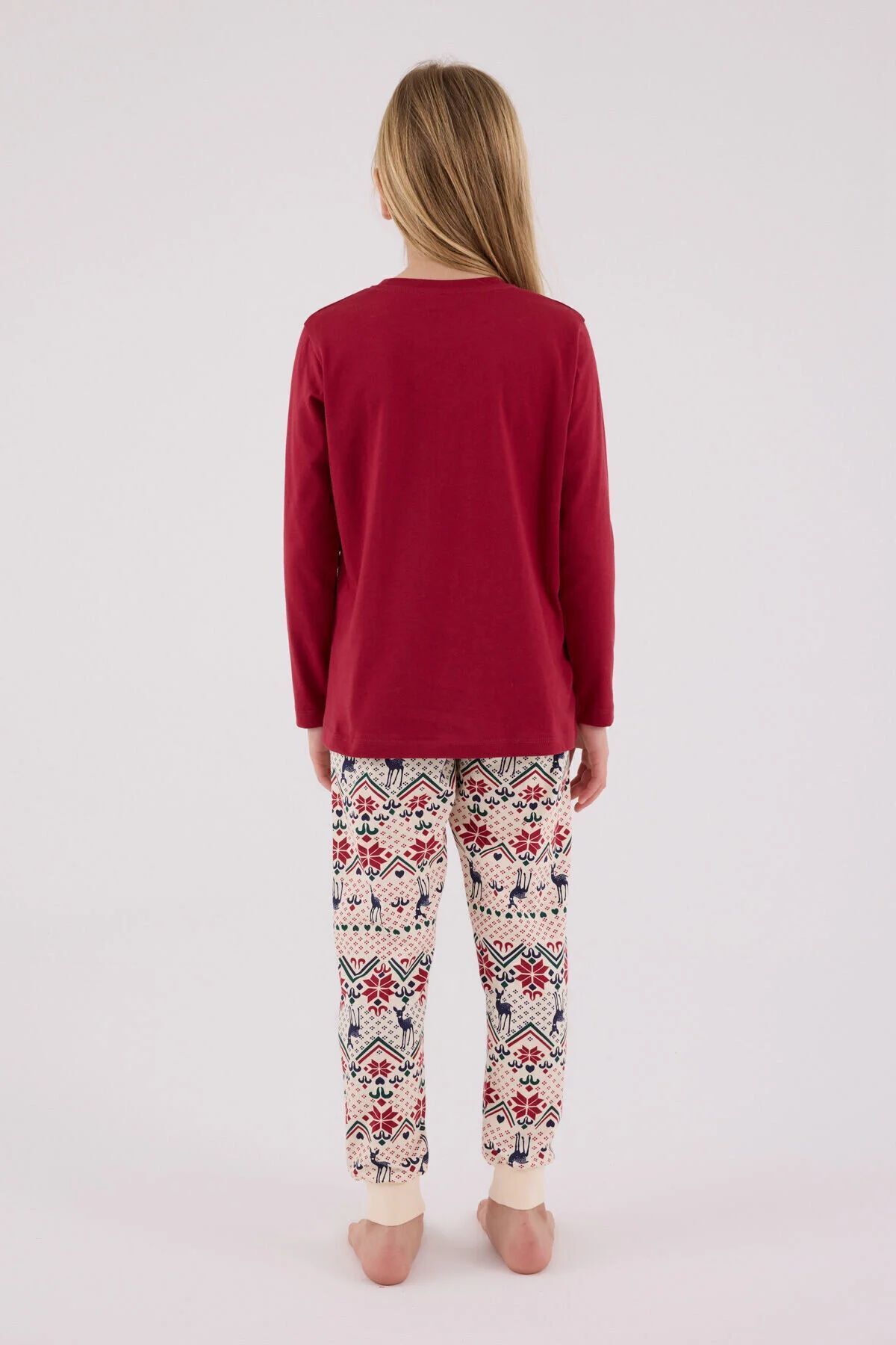 3452G Kız Çocuk Kırmızı Uzun Kollu Kış Temalı Garson Pijama Takımı - 4