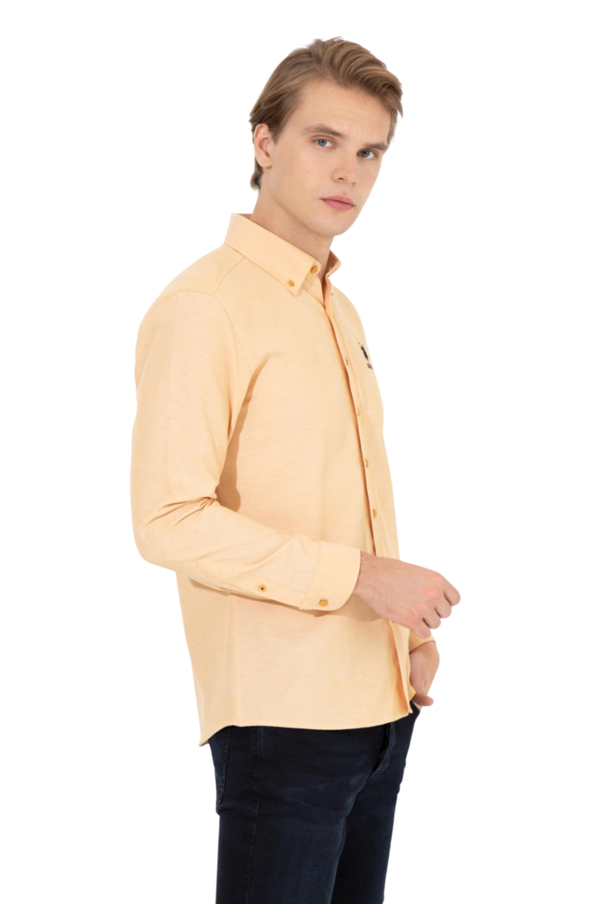 یو اس پولو پیراهن مردانه آستین بلند طرح زعفرانی ساده