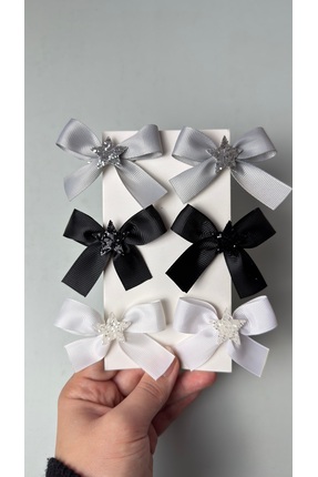 Toka Perisi Bebek Çocuk Siyah Beyaz Gri Yıldızlı 6 adet Kurdela Toka Seti ( 3...