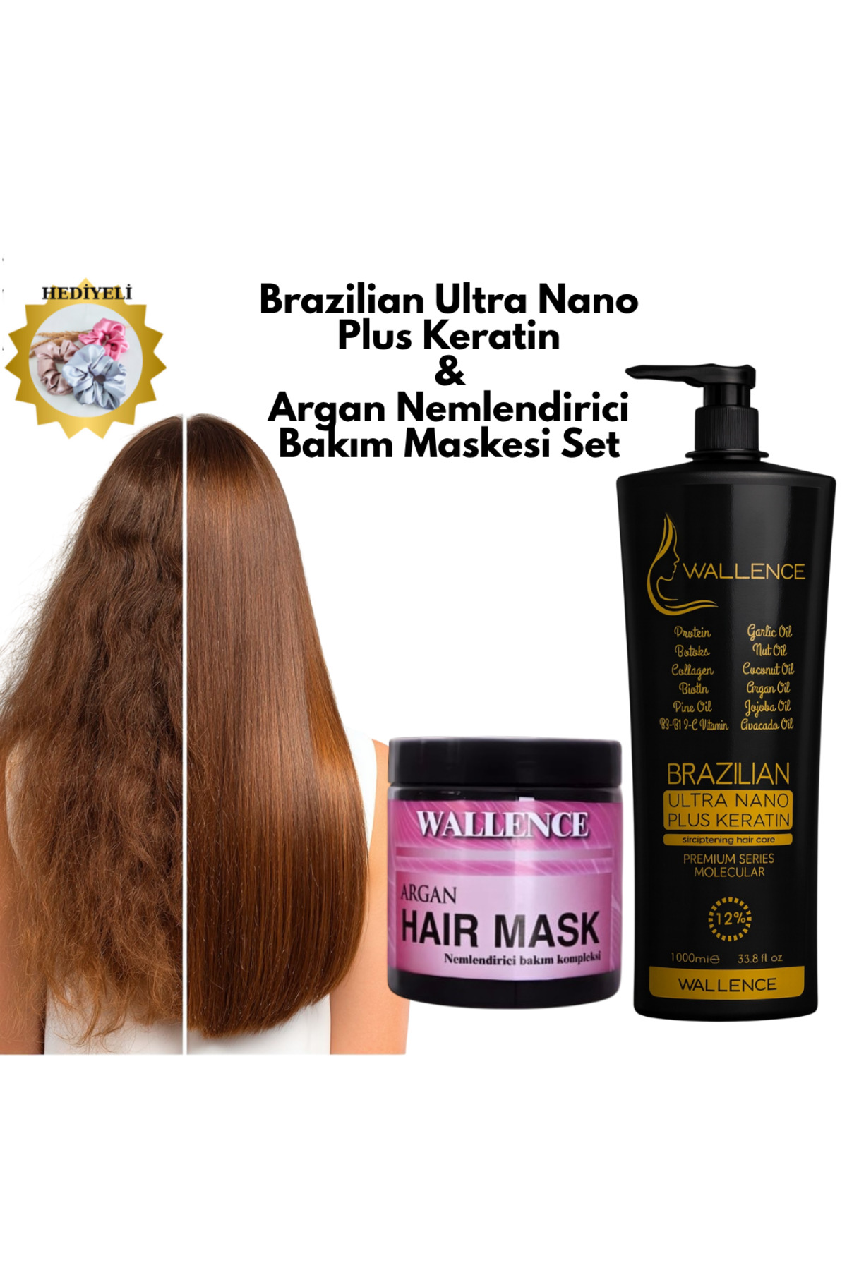 wallence Brazilian Ultra Nano Plus Keratin 1000ml & Argan Nemlendirici Saç Bakım Maskesi 2'li Set — keratiyy22890