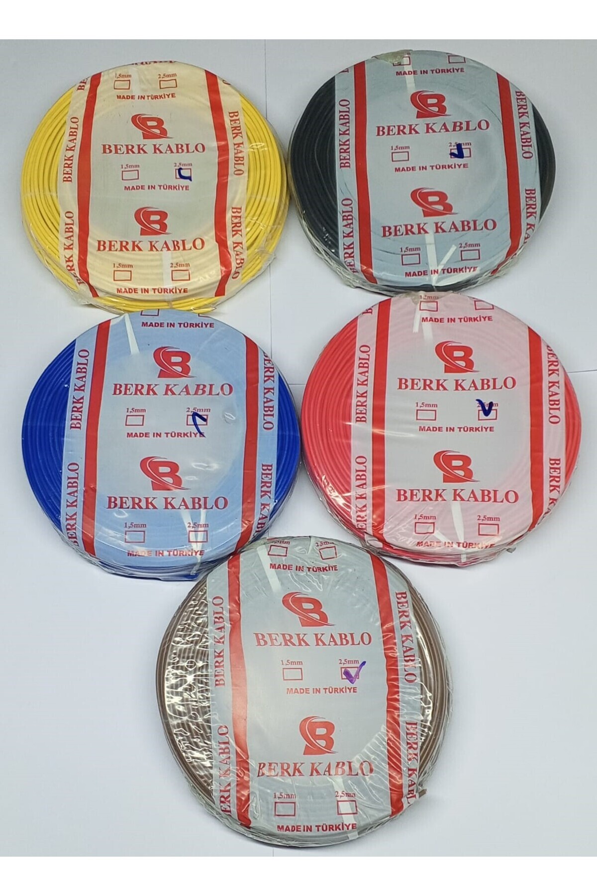 BERKS 2.5 mm nya 5 renk 100' er metre SİYAH-SARI-MAVİ-KIRMIZI-KAHVERENGİ 500 metre tesisat kablo grubu