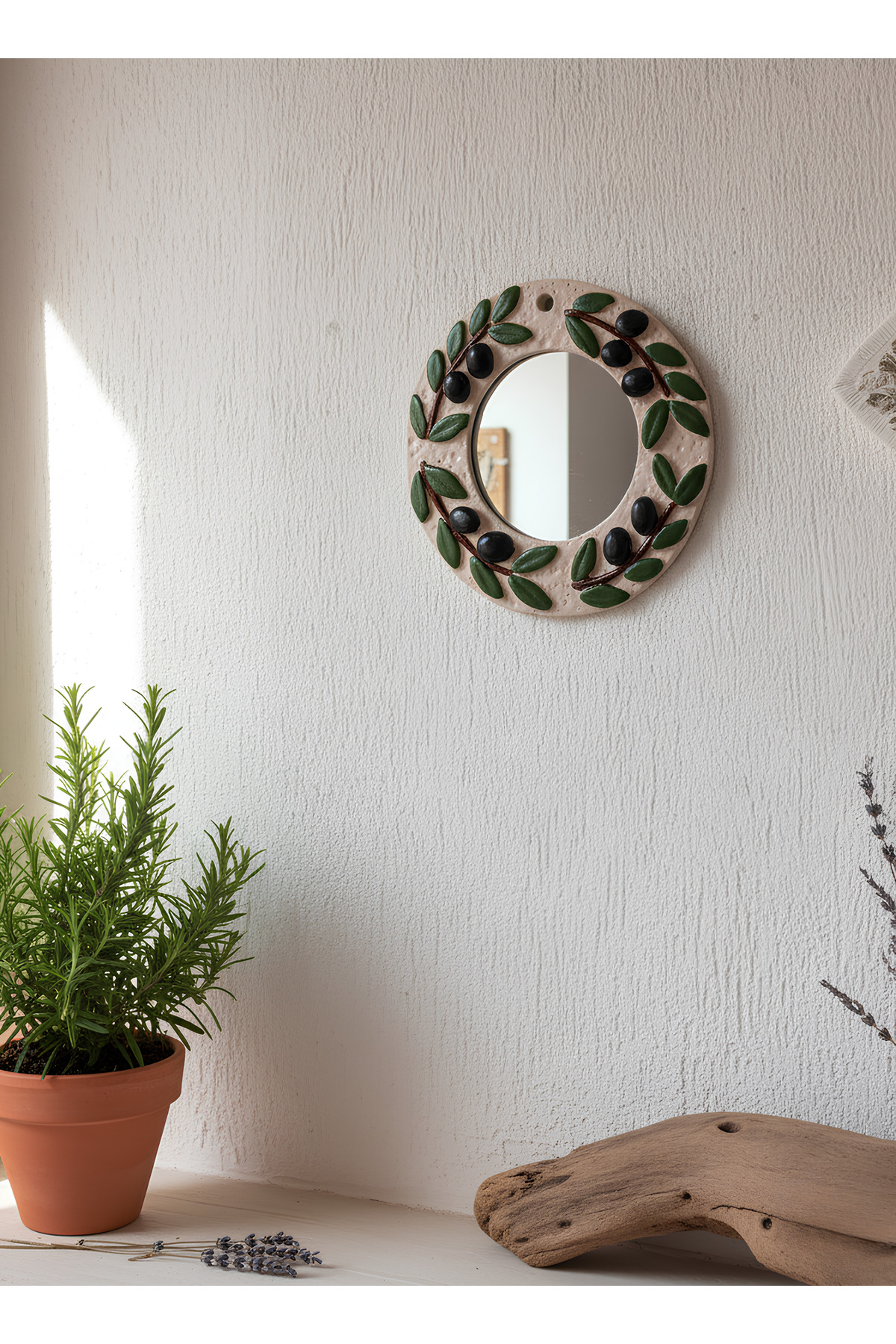 Handmade Polyester Wall Mirror with Olive Branch Pattern – 20 cm Decorative Mirror