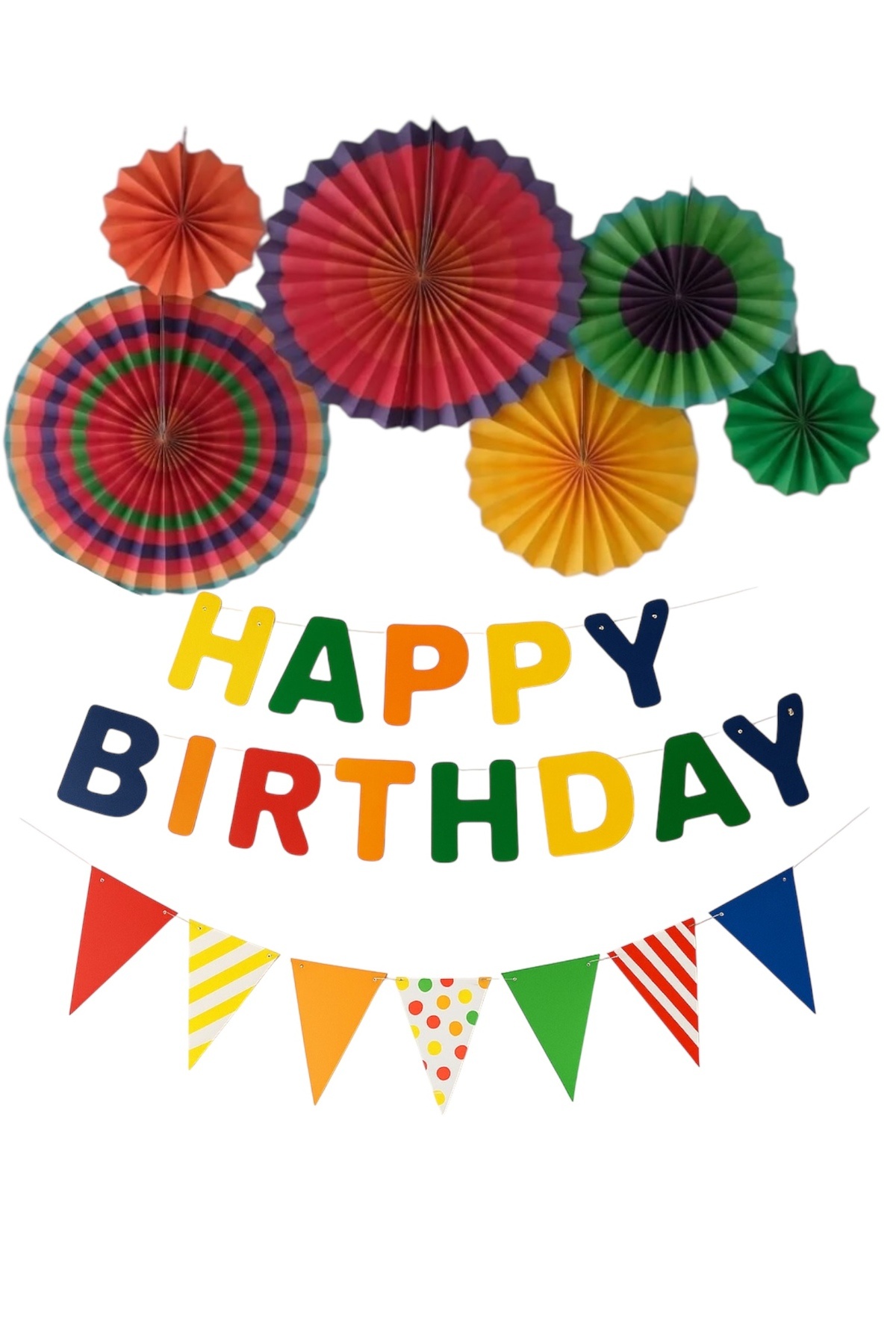 Partifabrik Rengarenk Karnaval Yelpaze Happy Birthday Üçgen Süs Seti 3 Parça