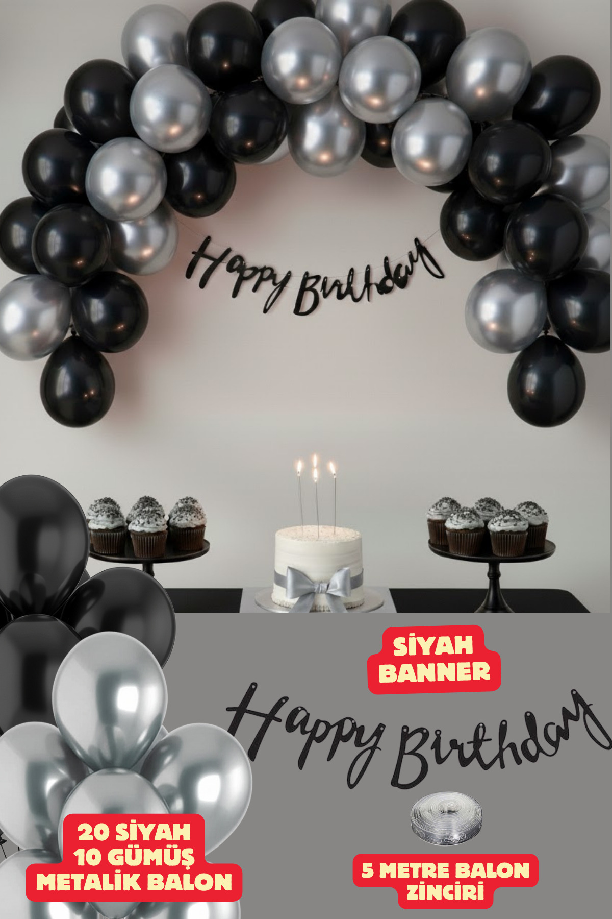 Baloncu Nene Siyah Happy Birthday Banner Balon Seti Siyah Gümüş Balon Doğum Günü Parti Süsleri