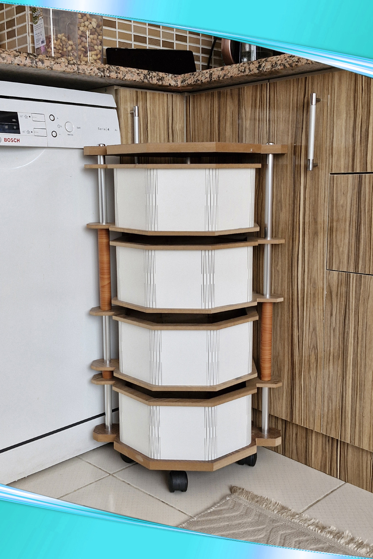 Bundeba 4 Katlı Kahve Ahşap Sebzelik 8G Portatif Yana Açılır Tekerlekli Meyve Bakliyat Patates Soğan Sepeti