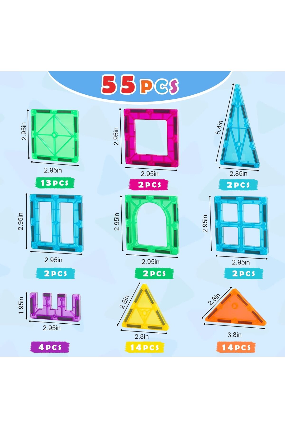 ۵۵ قطعه کاشی مغناطیسی، ست شروع ۵۵ تکه (بلوک‌های ساختنی مغناطیسی، اسباب‌بازی آموزشی STEM)