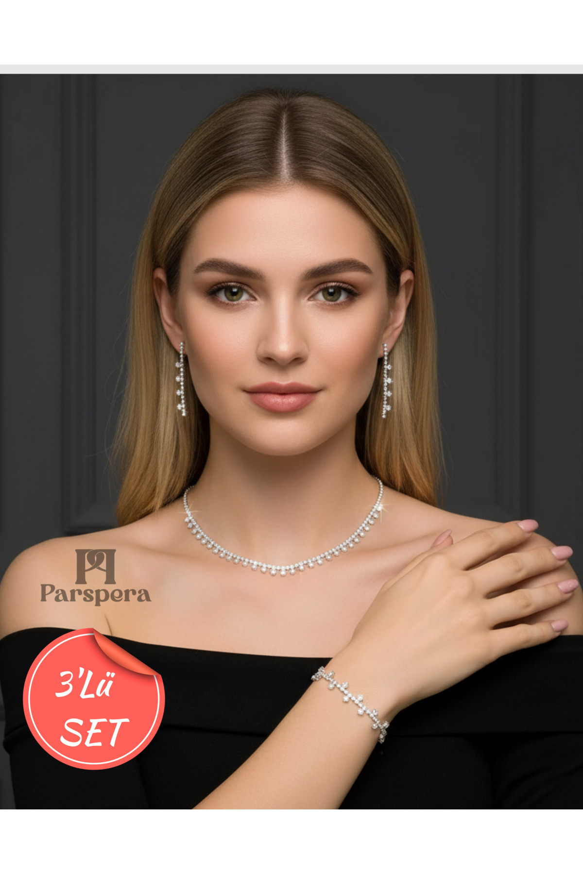 Gümüş Kaplama Zirkon Taşlı Sarkıt Takı Set ( Bileklik, Kolye ve Küpe ) 3 Lü Set Düğün Nişan Davet