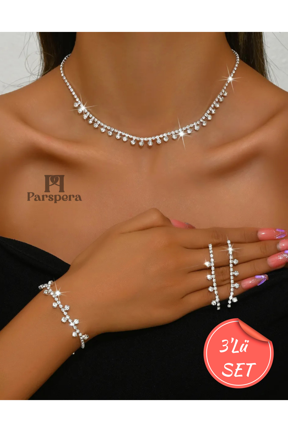 Gümüş Kaplama Zirkon Taşlı Sarkıt Takı Set ( Bileklik, Kolye ve Küpe ) 3 Lü Set Düğün Nişan Davet