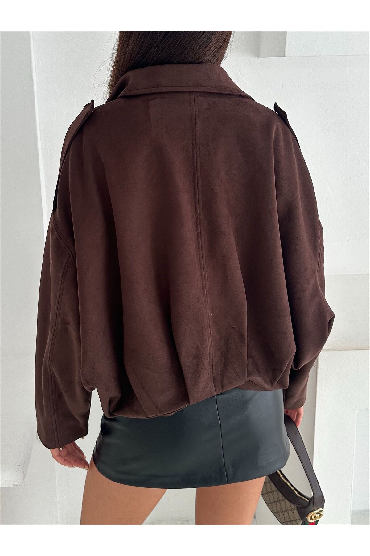 Genel Markalar  Oversize Apolet Detaylı Süet Kumaş Ceket - Görsel 6
