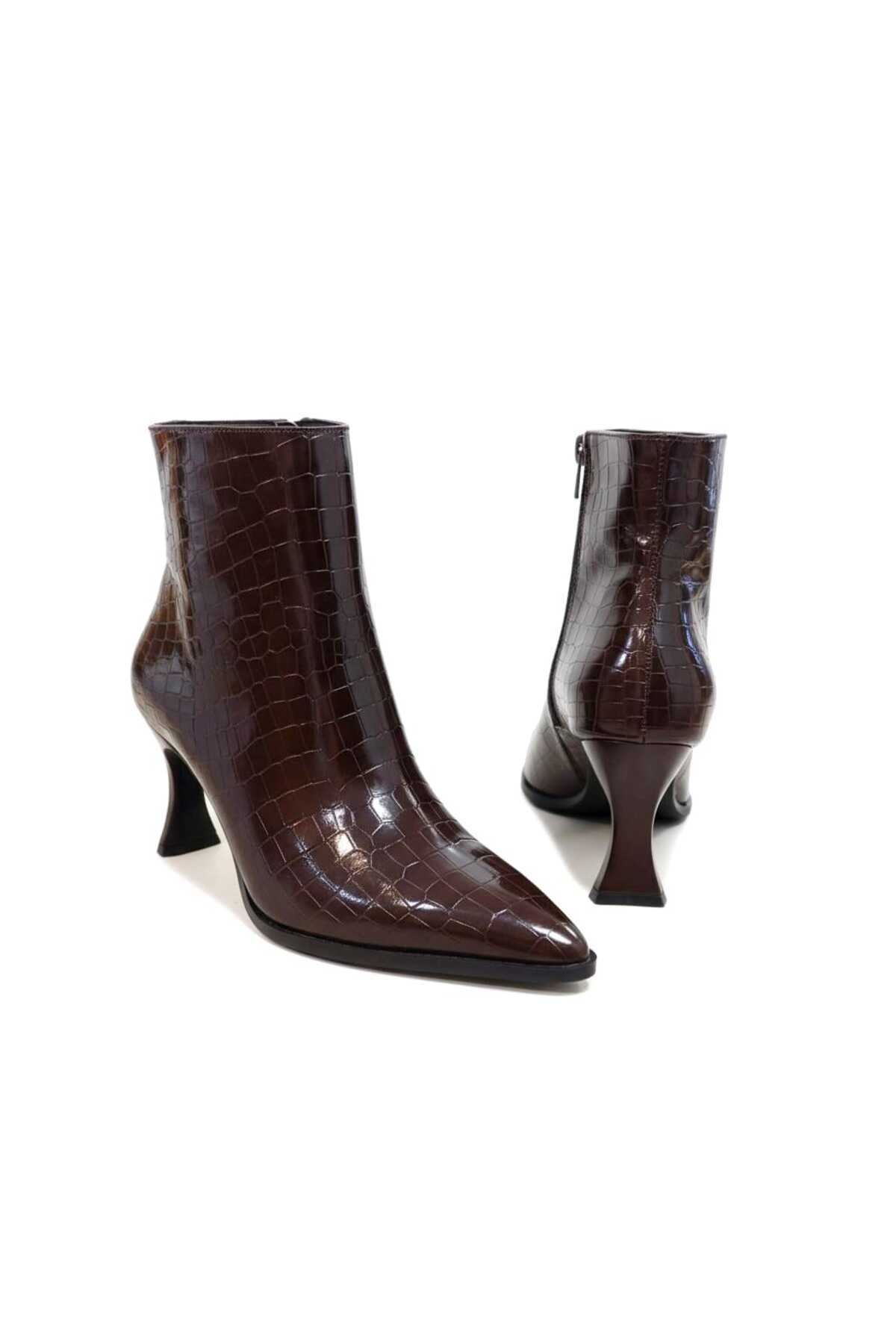 Women's Claret Red Pattern Croco Zippered Pointed Toe Women's Bootie Zippered Boots Patterned Boots Ankle Boots 2311
