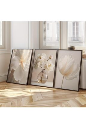 NT Handmade Lamine Çerçeveli PVC Korumalı 3’lü Modern Çiçek Desenli Dekoratif...