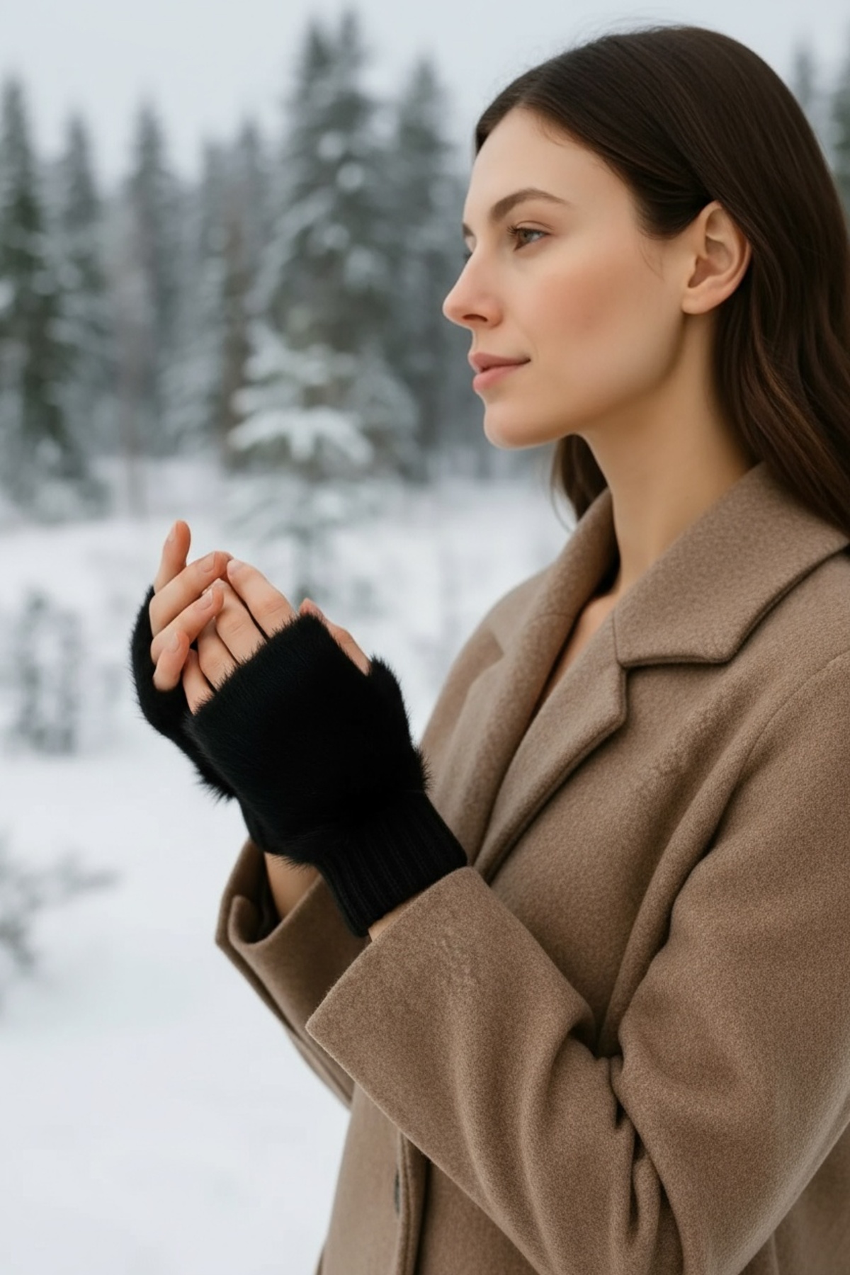 Netodak  Kadın Kürk Detaylı Kesik Parmaksız Eldiven Siyah Yumuşak Dokulu Kışlık Model Faux Soft Peluş Eldiven - Görsel 4