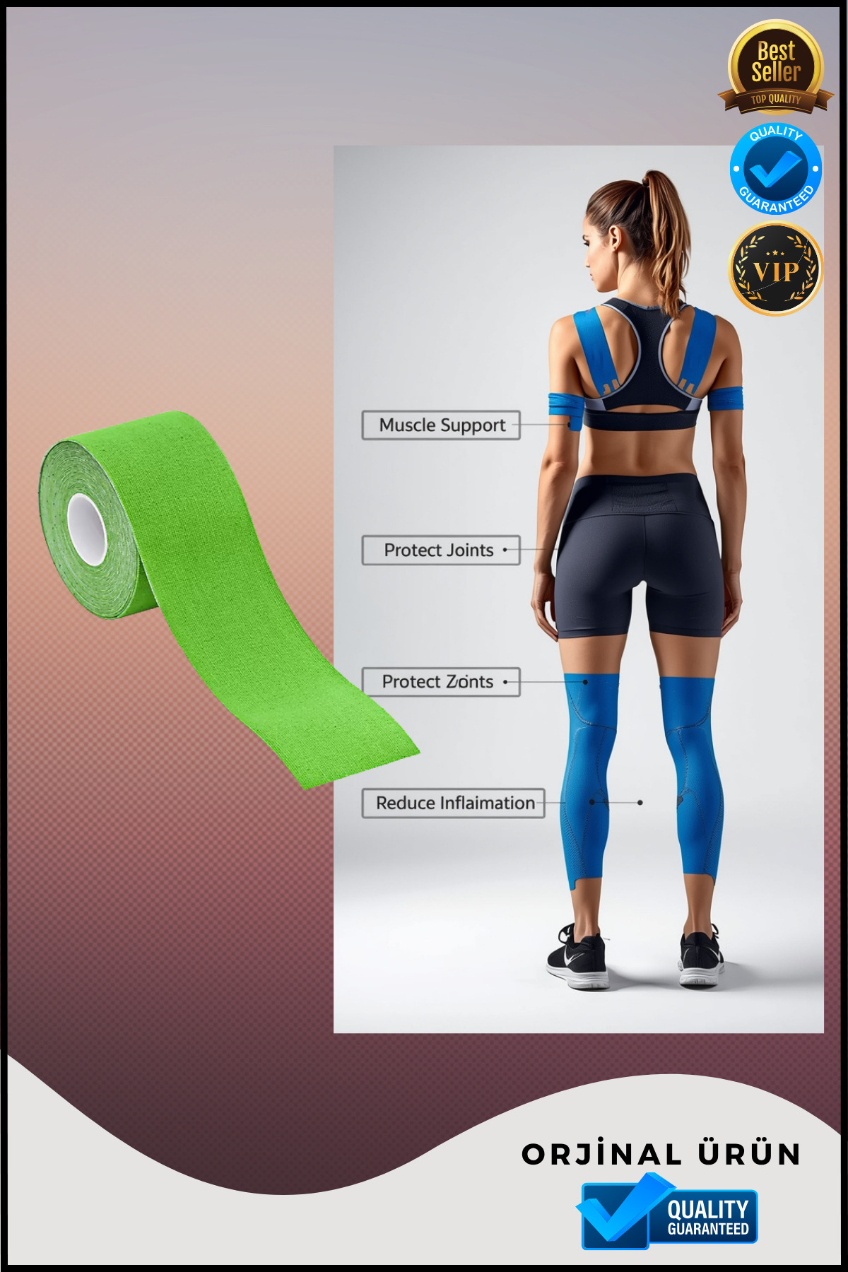 Overbazaar Sporcu Kinezyo Bandı 5m x 5cm | Ağrı Destek, Esnek ve Suya Dayanıklı Kas Destek Bandı – Yeşil Renk