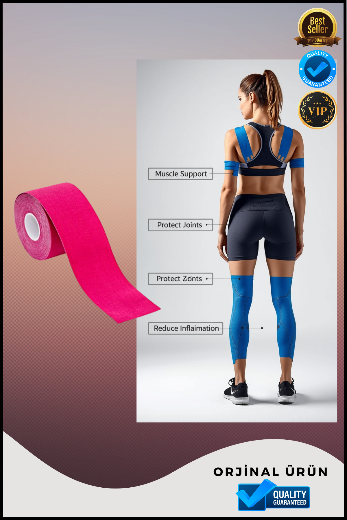 Overbazaar Sporcu Kinezyo Bandı 5m x 5cm | Ağrı Destek, Esnek ve Suya Dayanıklı Kas Destek Bandı – Pembe Renk