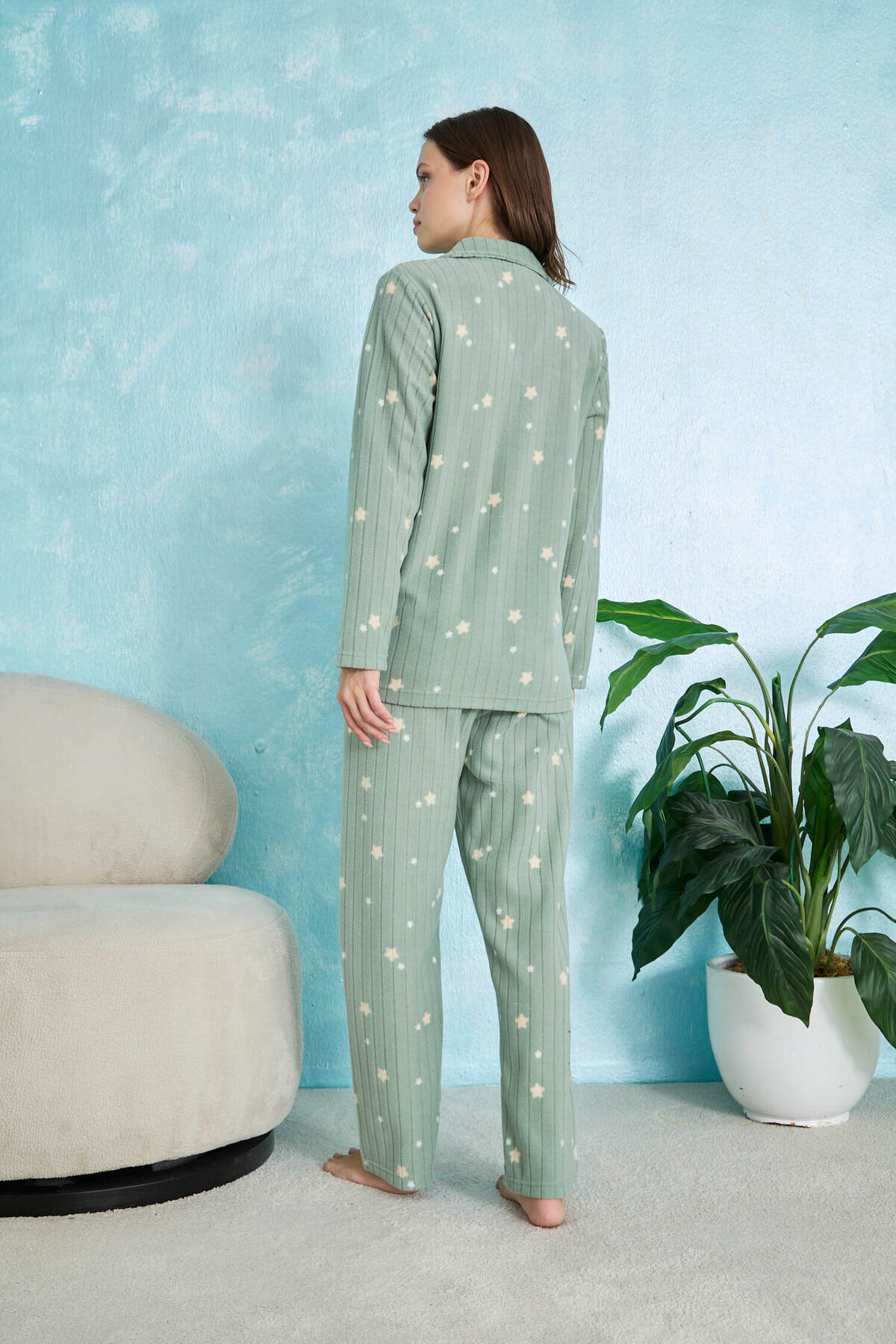 STELLAPİNK Yeşil Fitilii Yıldız Desenli Düğmeli Polar Pijama Takımı görsel 4