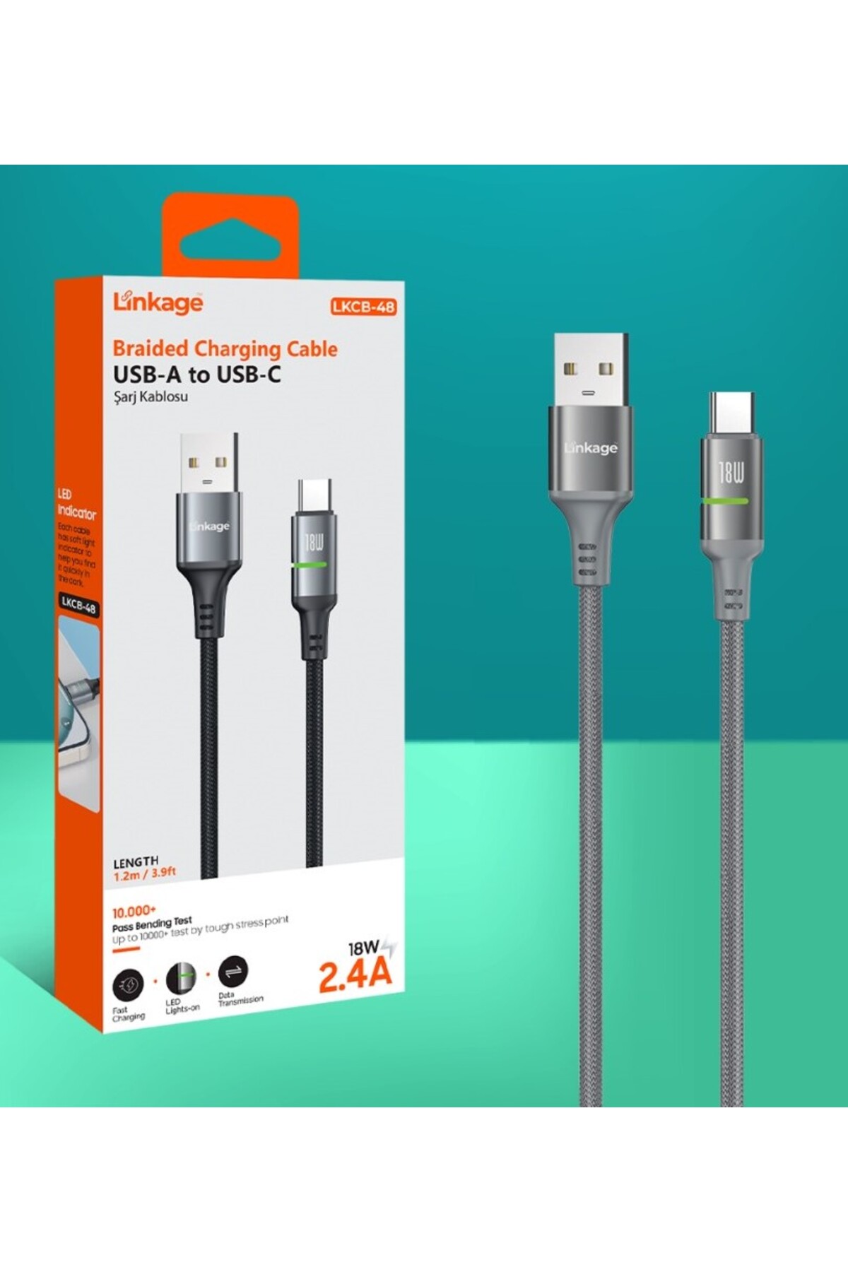 LKCB-48 USB-A to USB-C 18W 2.4A 1.2 Metre LED Göstergeli Şarj Kablosu