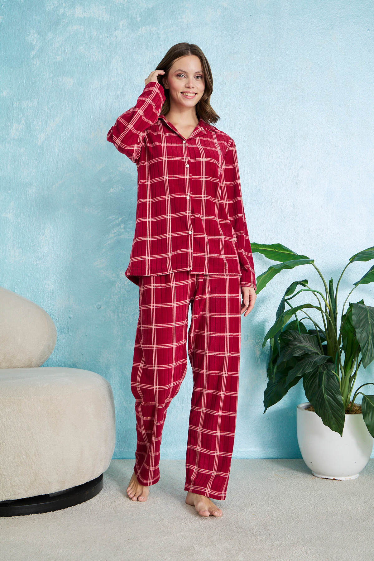 STELLAPİNK Bordo Fitilli Kare Detaylı Düğmeli Polar Pijama Takımı görsel 2