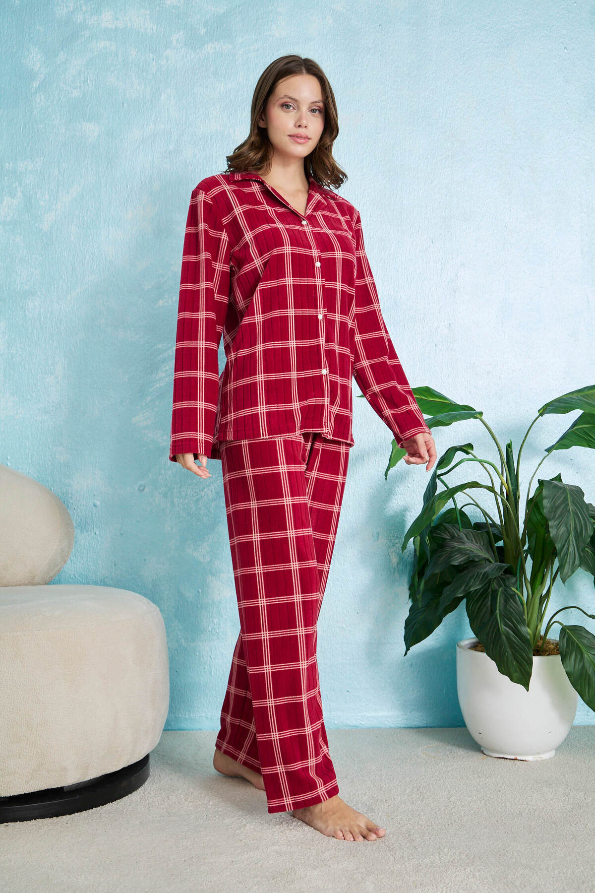 STELLAPİNK Bordo Fitilli Kare Detaylı Düğmeli Polar Pijama Takımı görsel 3