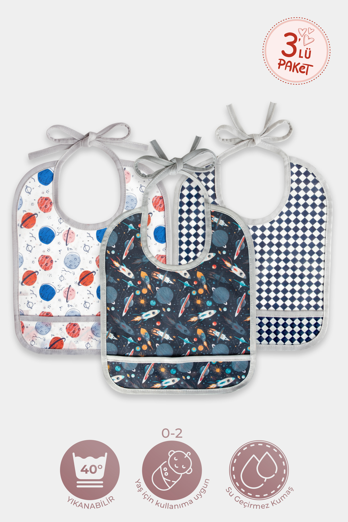 HAMUR Proof 3'lü Sıvı Su Geçirmez Bebek Mama Önlüğü Ağız Silme Mendili Bağlamalı 3 Prç GriGrup 6-24 Ay fotoğrafı 3 (önizleme)