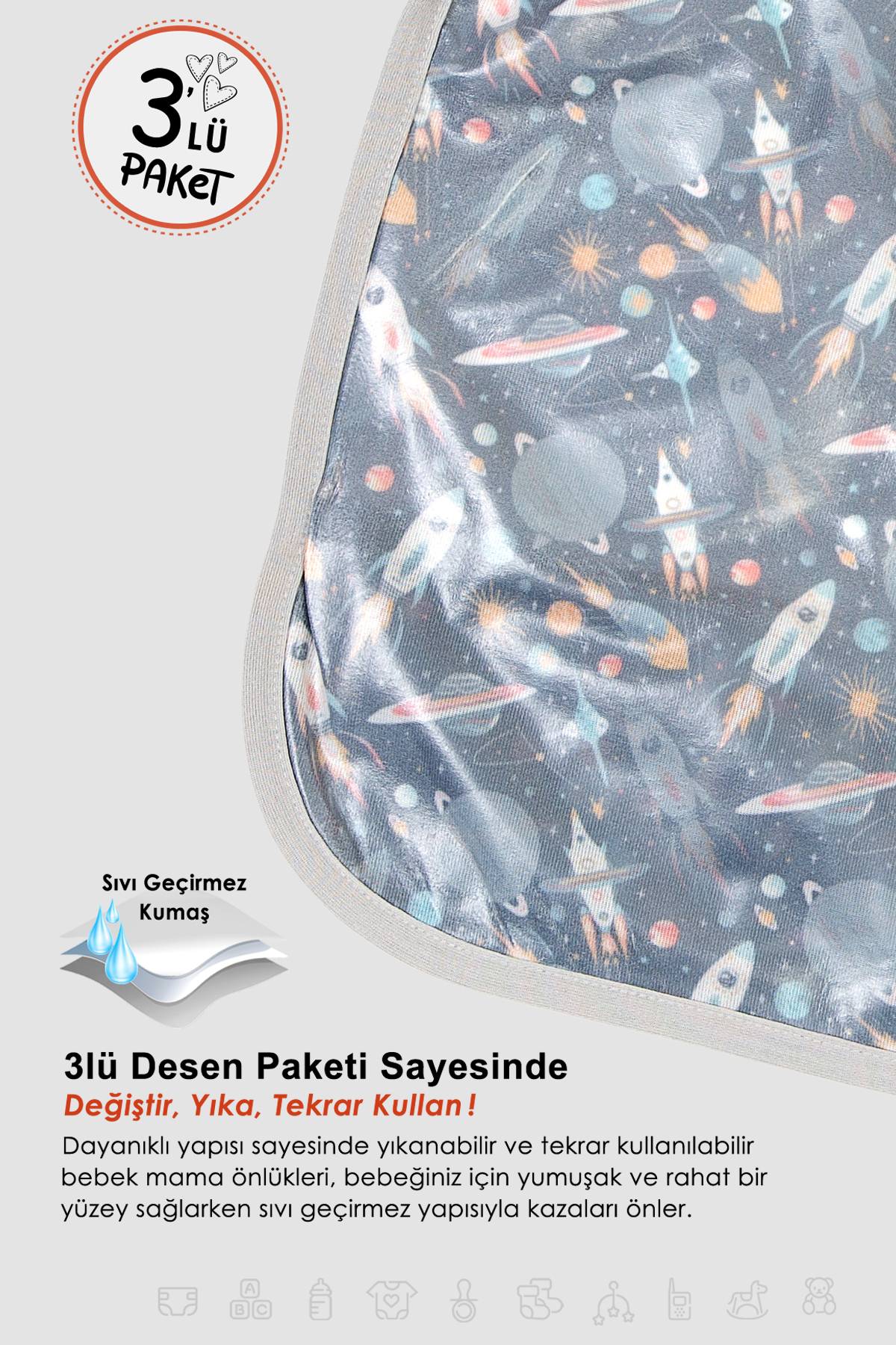 HAMUR Proof 3'lü Sıvı Su Geçirmez Bebek Mama Önlüğü Ağız Silme Mendili Bağlamalı 3 Prç GriGrup 6-24 Ay fotoğrafı 2 (önizleme)