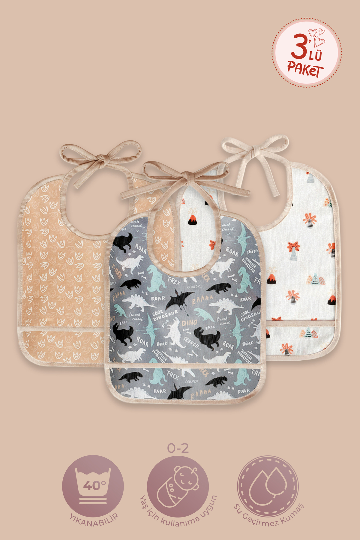 HAMUR Proof 3'lü Sıvı Su Geçirmez Bebek Mama Önlüğü Ağız Silme Mendili Bağlamalı 3 Prç BejGrup 6-24 Ay fotoğrafı 3 (önizleme)