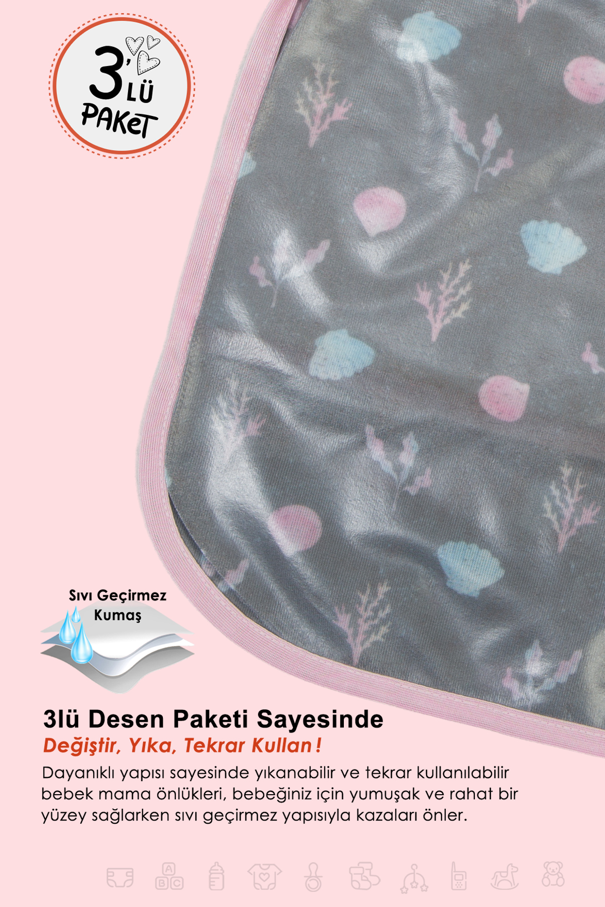 HAMUR Proof 3'lü Sıvı Su Geçirmez Bebek Mama Önlüğü Ağız Silme Mendili Bağlamalı 3 Prç PembeGrup 6-24 Ay fotoğrafı 2 (önizleme)