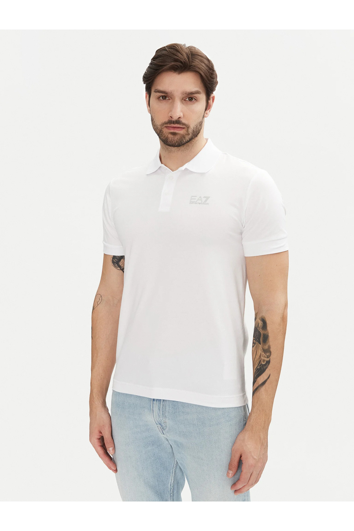  پولو شرت مردانه یقه گرد طرح لوگودار آستین کوتاه سفید نخی 8NPF14 PJVQZ-0100