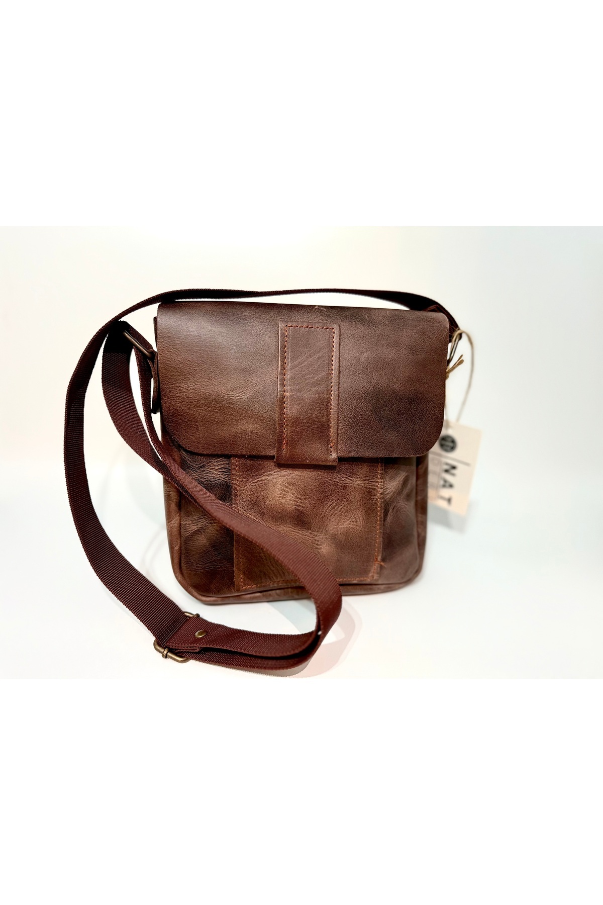 natderi Hakiki Deri Unisex Omuz Ve Postacı Çanta - Ayarlanabilir Askılı Acı Kahve Renk 20x25 Cm görsel 3