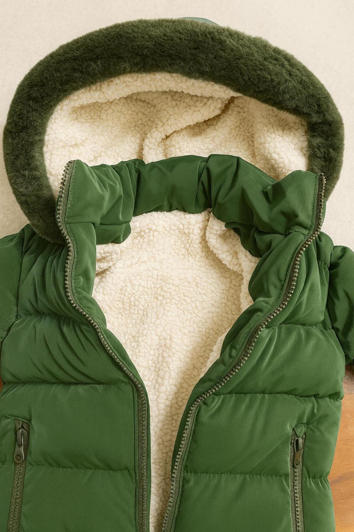 ZERA KIDS Yeni Sezon İç Astarı Kürklü Kapüşonlu Kız Bebek-Çocuk Mont fotoğrafı 3 (önizleme)