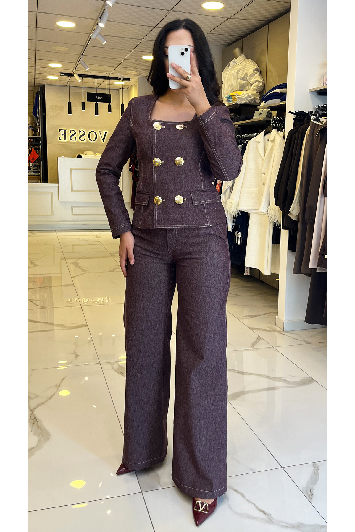 Vosse Miarte Bordo Gold Düğmeli Denim Takım