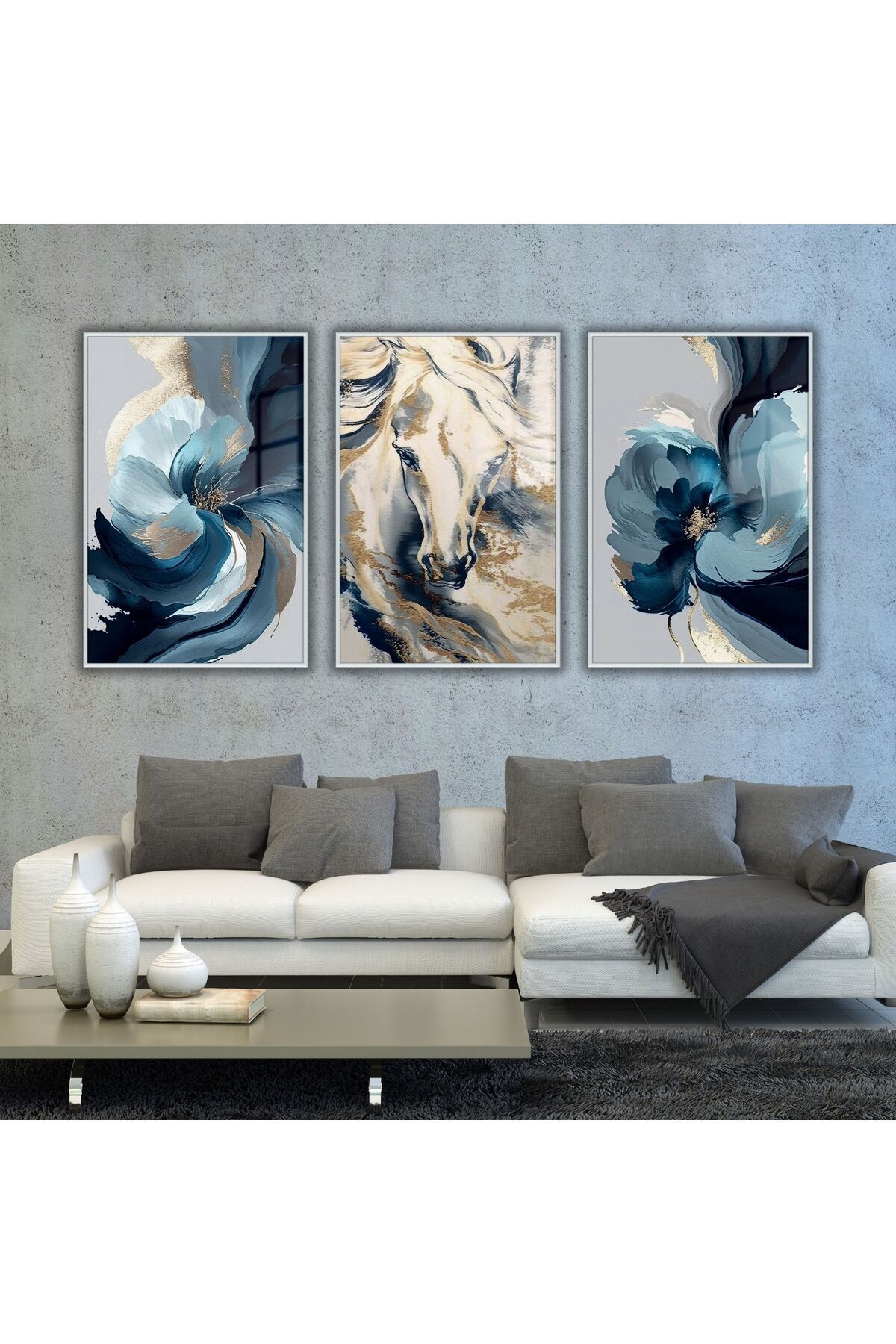 3-Piece Metal Framed Glass Table Set with Abstract Horse and Flower Print